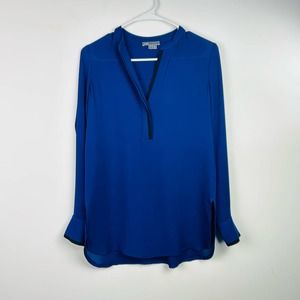 Vince Navy Blue Black Accent Silk Contrast Blouse Long Sleeved Size 2